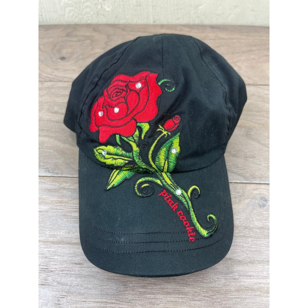 Pink Cookie Hat women's Black Embroidered Rose Rhinestones